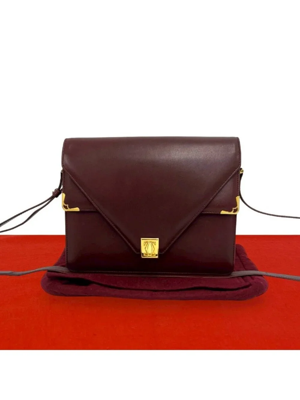 Cartier Must Line Leather Shoulder Bag Pochette Crossbody Wine Red Bordeaux
